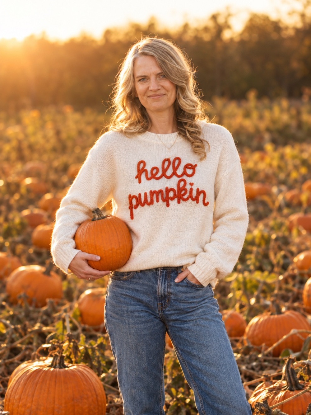 Main Strip Cream Pullover Sweater with Orange Script